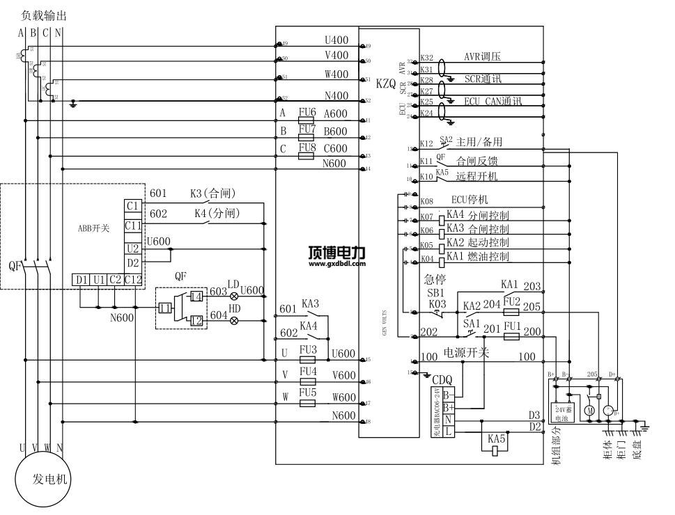 580KW柴油發電機並機櫃線路電氣圖